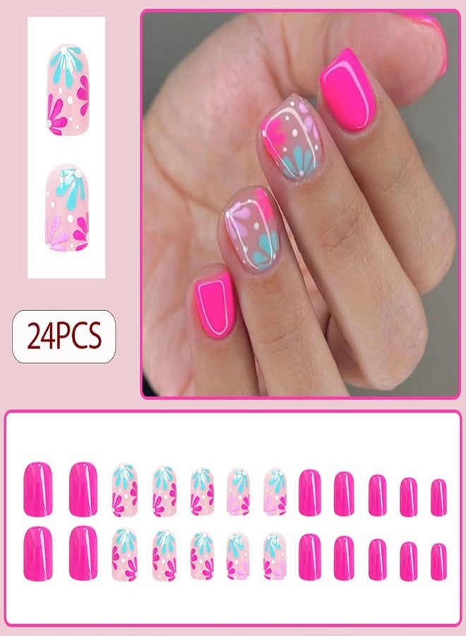 WAFOLOZE Press On Nails Short, Acrylic Nail Press ons, Short Square Press on Nails Fake Nails Glossy Red False Nails with Blue Pink Flowers Press ons Design Artificial Stick on Nails for Women 24Pcs - Image 2